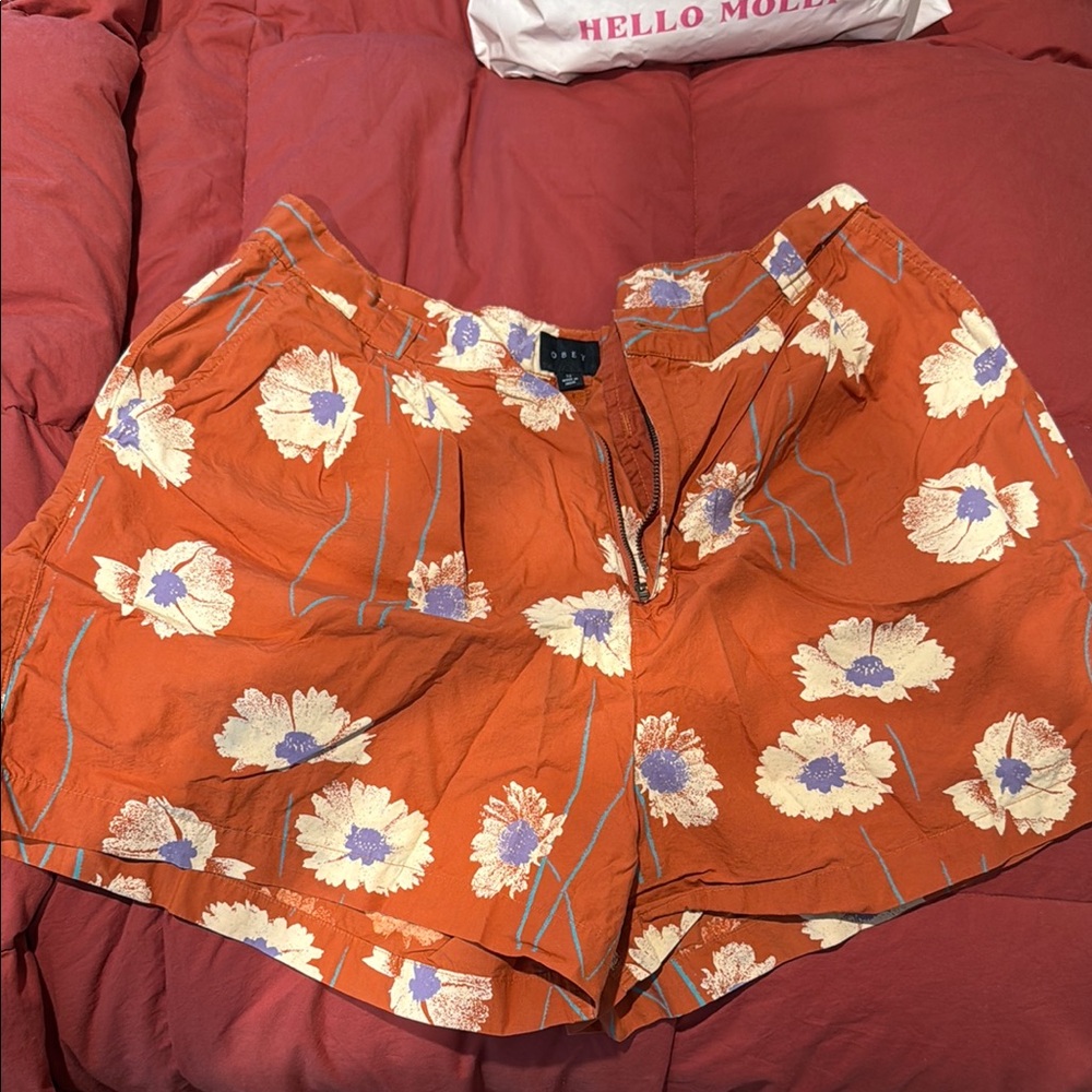 OBEY High Waist Orange and White Floral Shorts